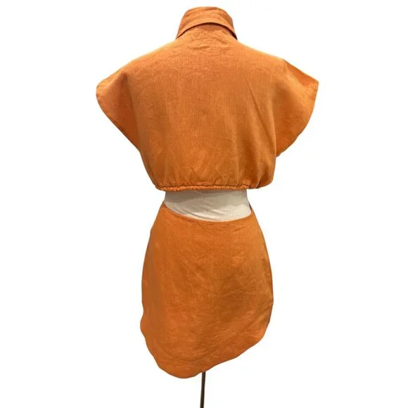Hevron 100% Linen Cutout Shirt Dress Size S Fits US 8–10 Orange Midi - Picture 5 of 11